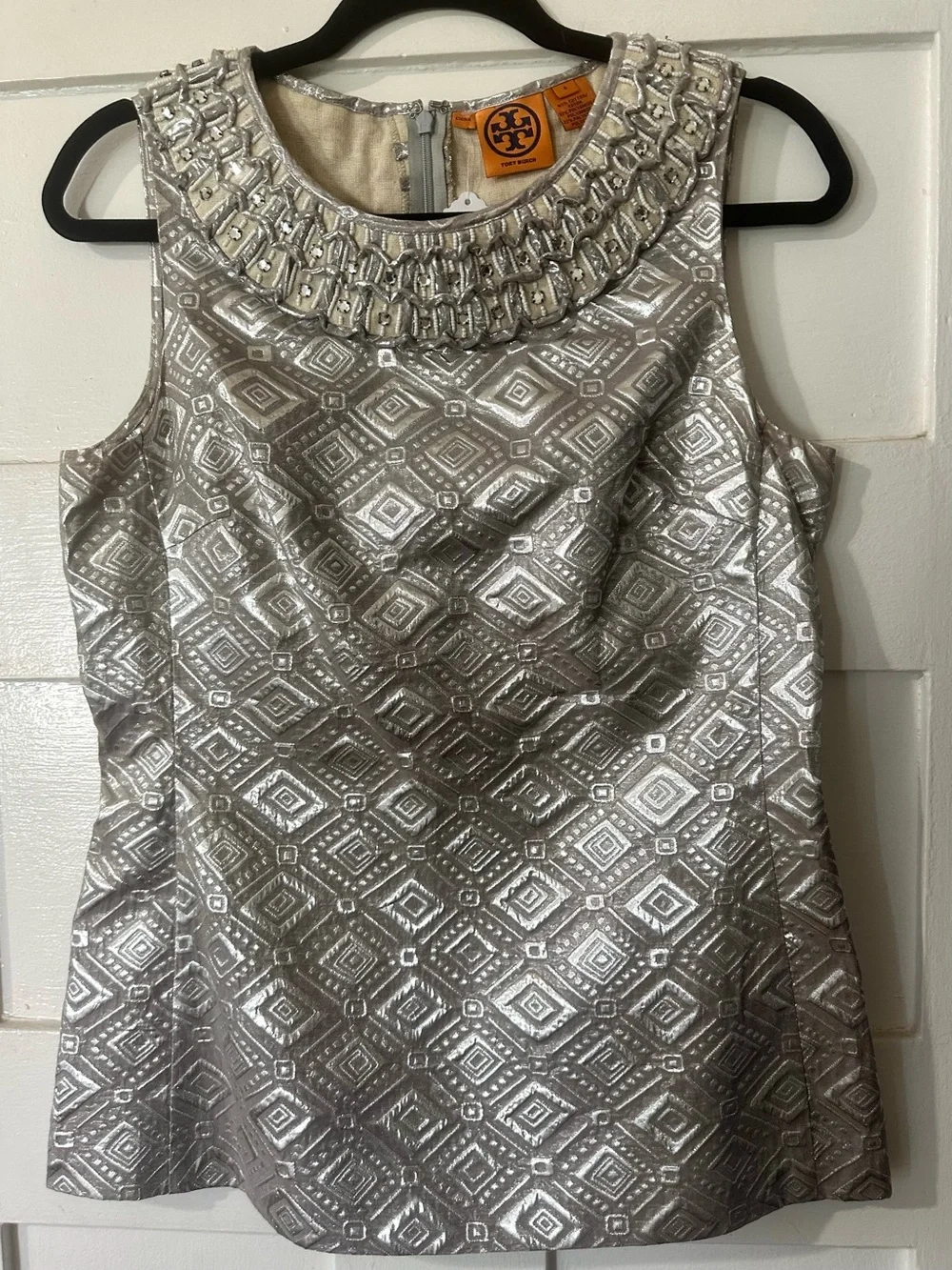 Tory Burch Silver Brocade Top w Rhinestone Neckline Beautiful Linen-Blend Top